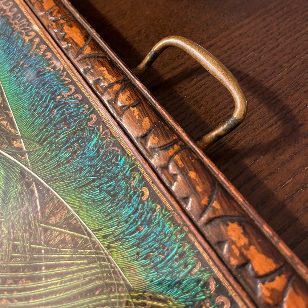 Vintage Peacock Feather Serving Tray – Brass Handles, Glass Top - Picture 5 of 6